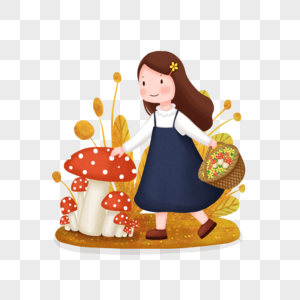秋天采蘑菇的小姑娘高清图片
