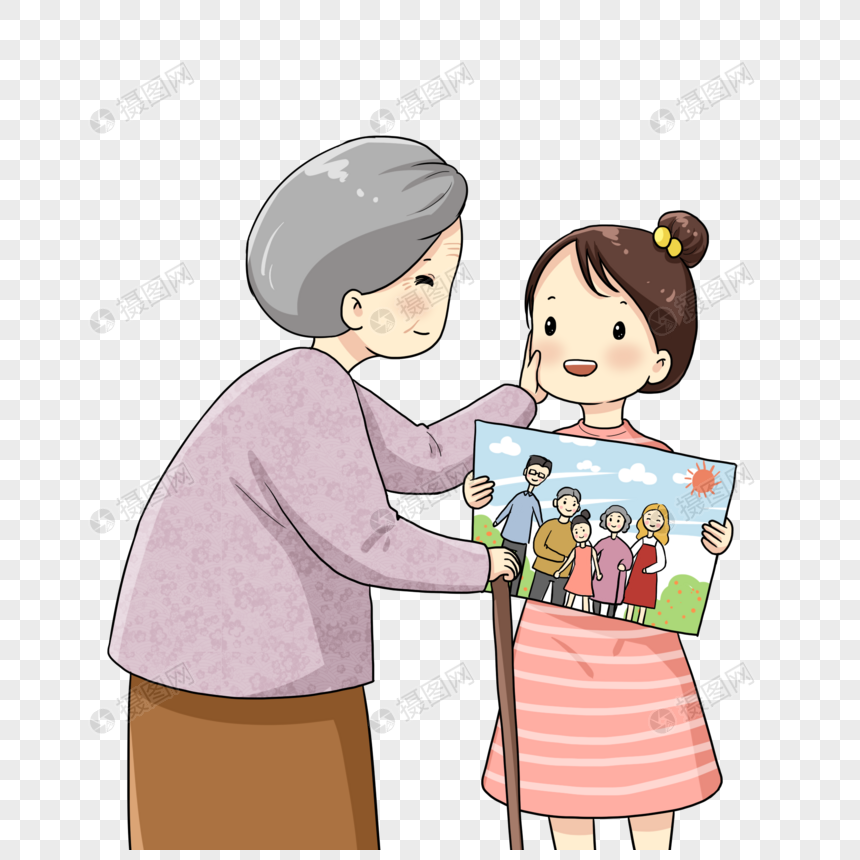 小女孩给奶奶看全家画像
