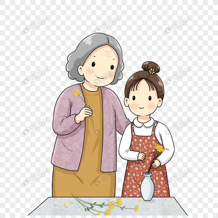 小女孩和奶奶插花