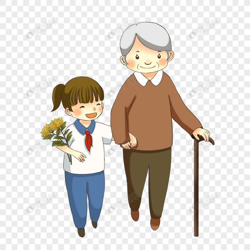 陪老人散步的孩子