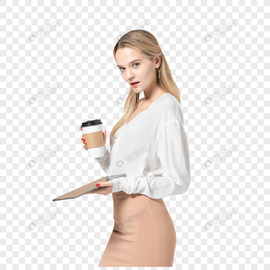 拿着平板电脑和咖啡杯的外国美女图片