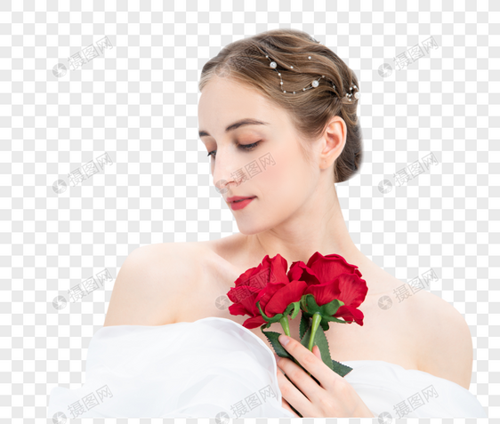 外国优雅女性拿着玫瑰花图片