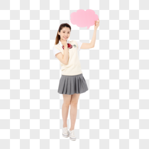拿着粉色气泡框的女高中生人物高清图片素材