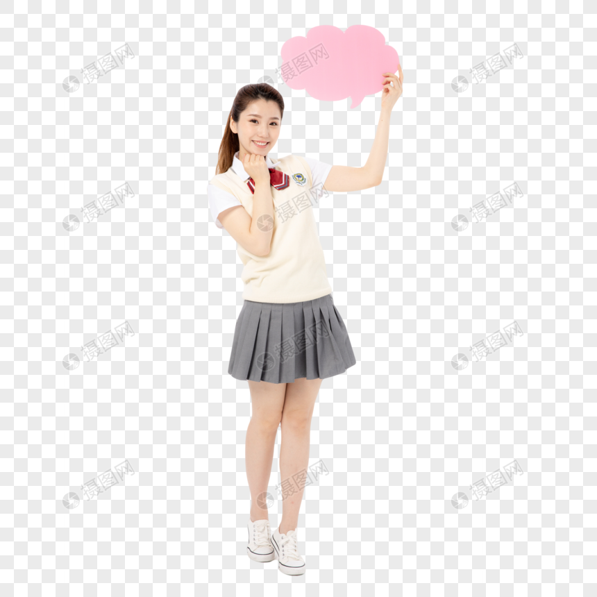 拿着粉色气泡框的女高中生图片