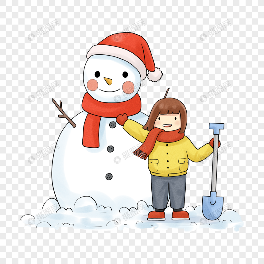 免抠元素 手绘/卡通元素 小女孩堆雪人.psd