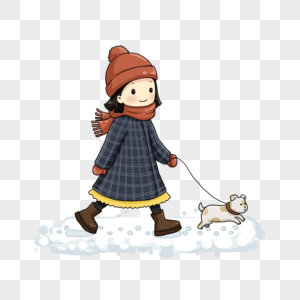 雪地里牵着狗的女孩图片