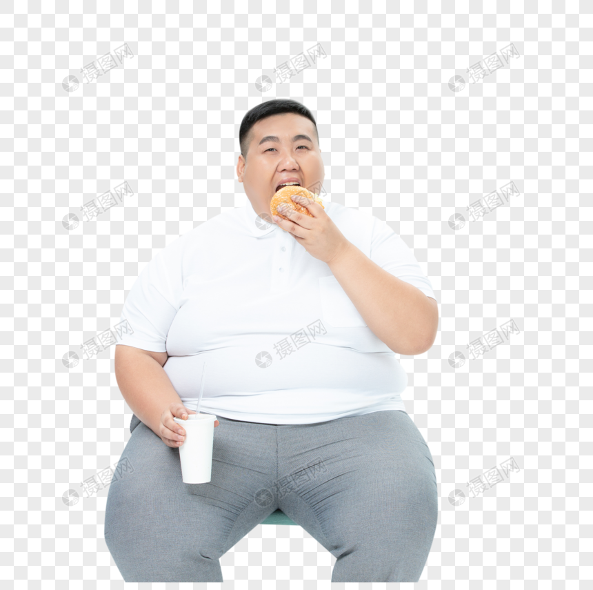 青年男性胖子吃汉堡喝牛奶图片