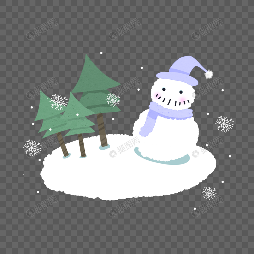 冬天松树雪人手绘风格装饰图案图片