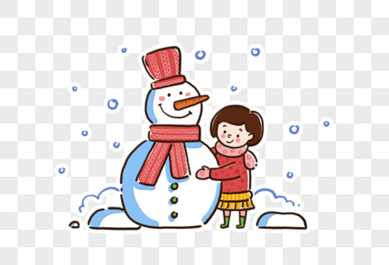女孩与雪人手绘卡通可爱卡通高清图片素材