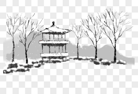 手绘冬季古亭古风雪景元素图片