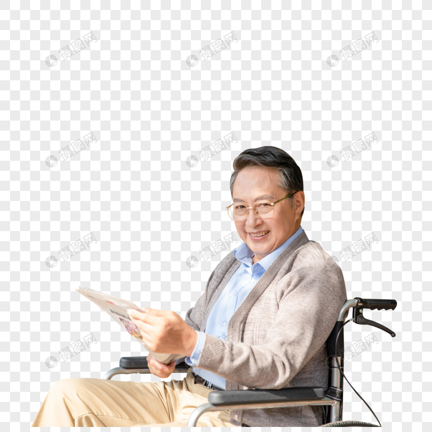 老爷爷坐轮椅上看报纸图片