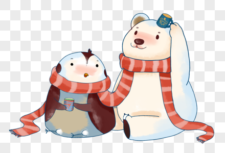 冬天北极熊企鹅可爱喝茶插画图片