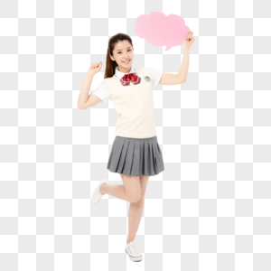 拿着粉色气泡框的女高中生女孩高清图片素材