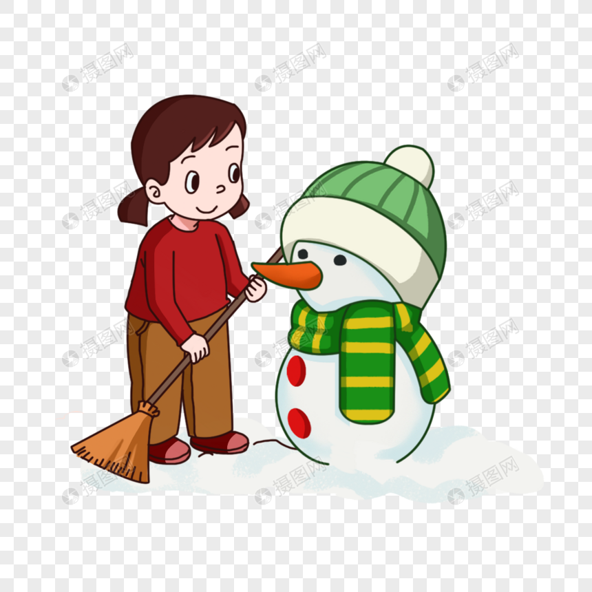 冬天小女孩扫雪堆雪人元素图片