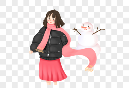冬天的女孩和雪人图片