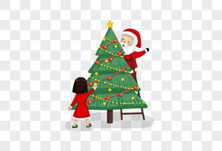 小孩和圣诞老人一起装饰圣诞树图片