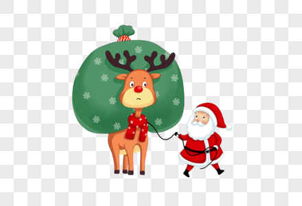 圣诞老人牵着驼礼物的麋鹿图片