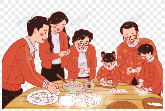 包饺子的一家人图片