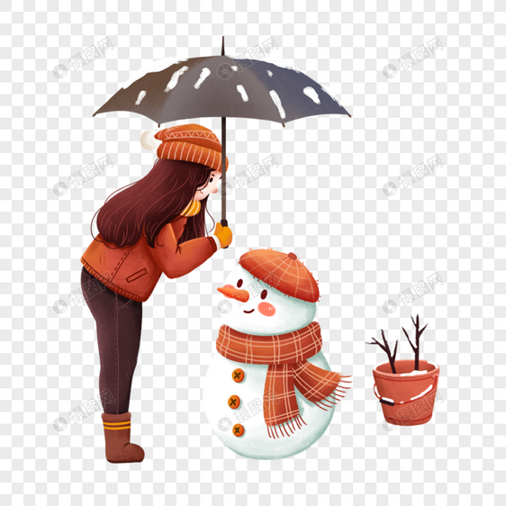 帮雪人打伞的女孩图片