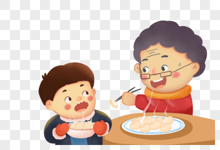 吃饺子的祖孙俩高清图片