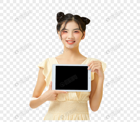 可爱女性玩平板电脑图片