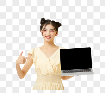 可爱女性拿笔记本电脑图片