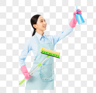 家政服务女性手拿喷壶和长柄清洁刷图片