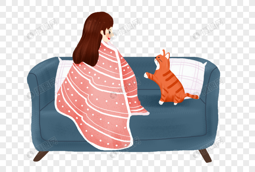沙发上的女孩和猫图片