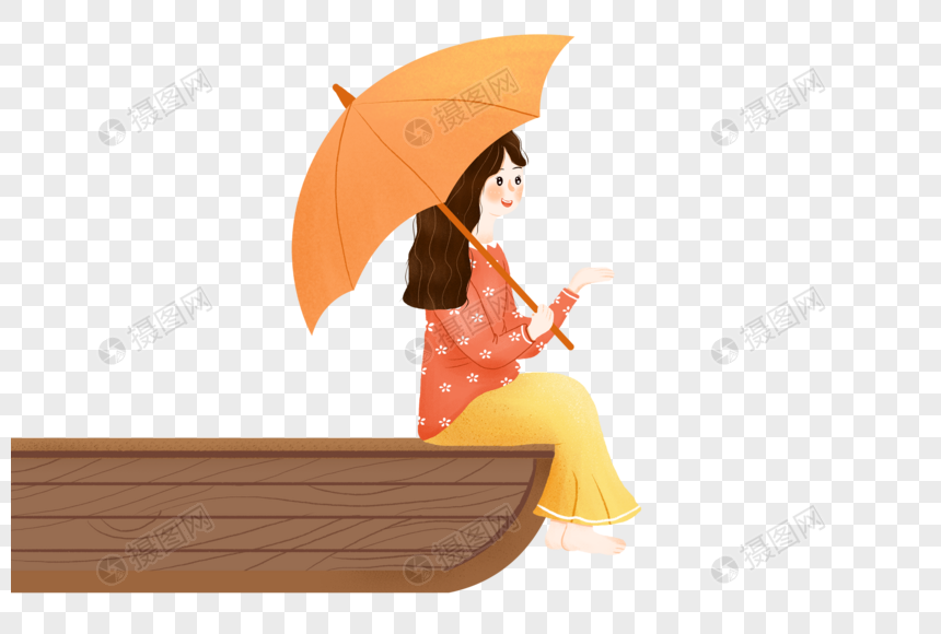 免抠元素 手绘/卡通元素 坐在船上打伞的女孩.png