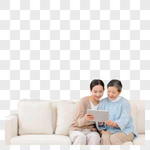 女儿陪伴母亲用平板电脑模特高清图片素材