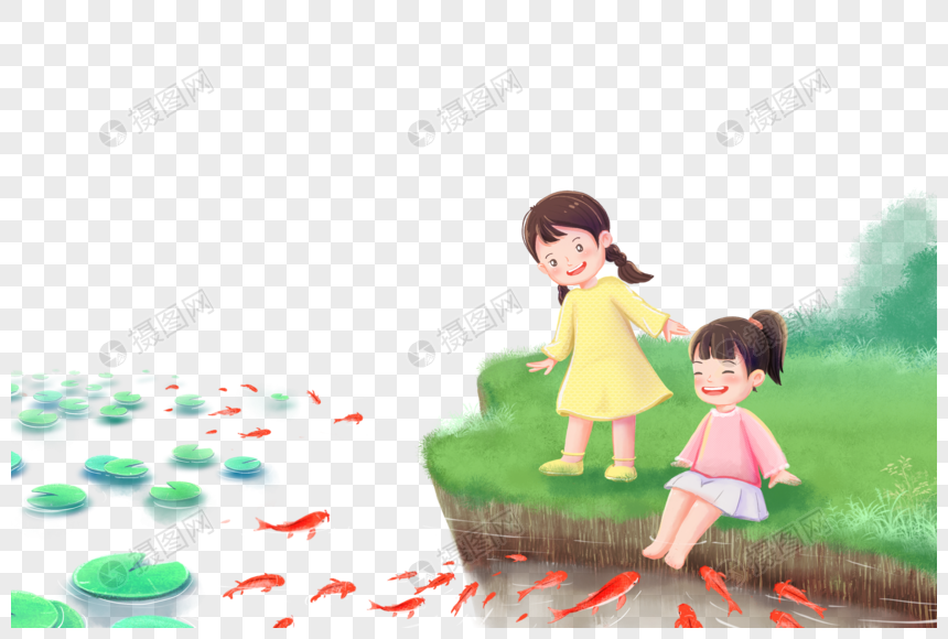 春天女孩在河边赏鱼图片