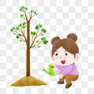 卡通女孩给栽种的小树浇水图片