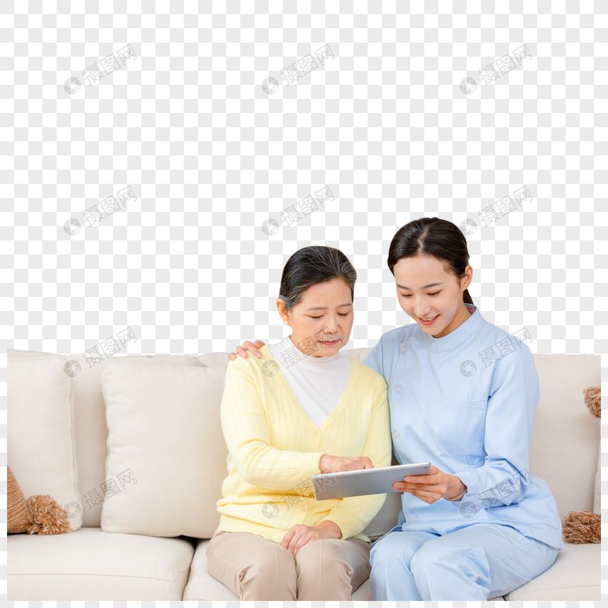 护工教老奶奶使用平板电脑图片