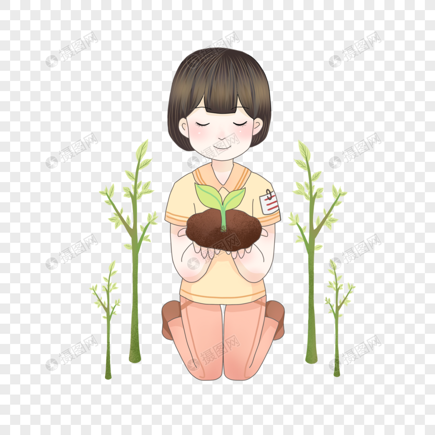 植树节女孩爱护培育树苗图片