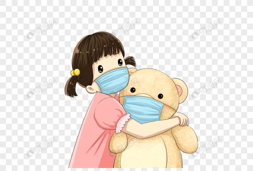 免抠元素 手绘/卡通元素 戴口罩的小女孩和小熊.psd