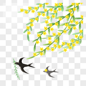 燕子叼着柳枝飞过花枝下高清图片