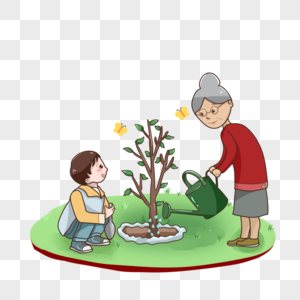 植树节带着孙子种树的奶奶春天高清图片素材