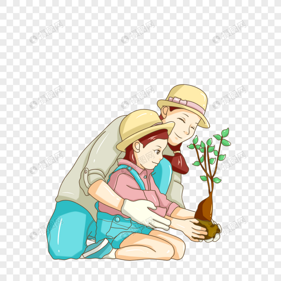 植树节陪孩子种树的母亲图片
