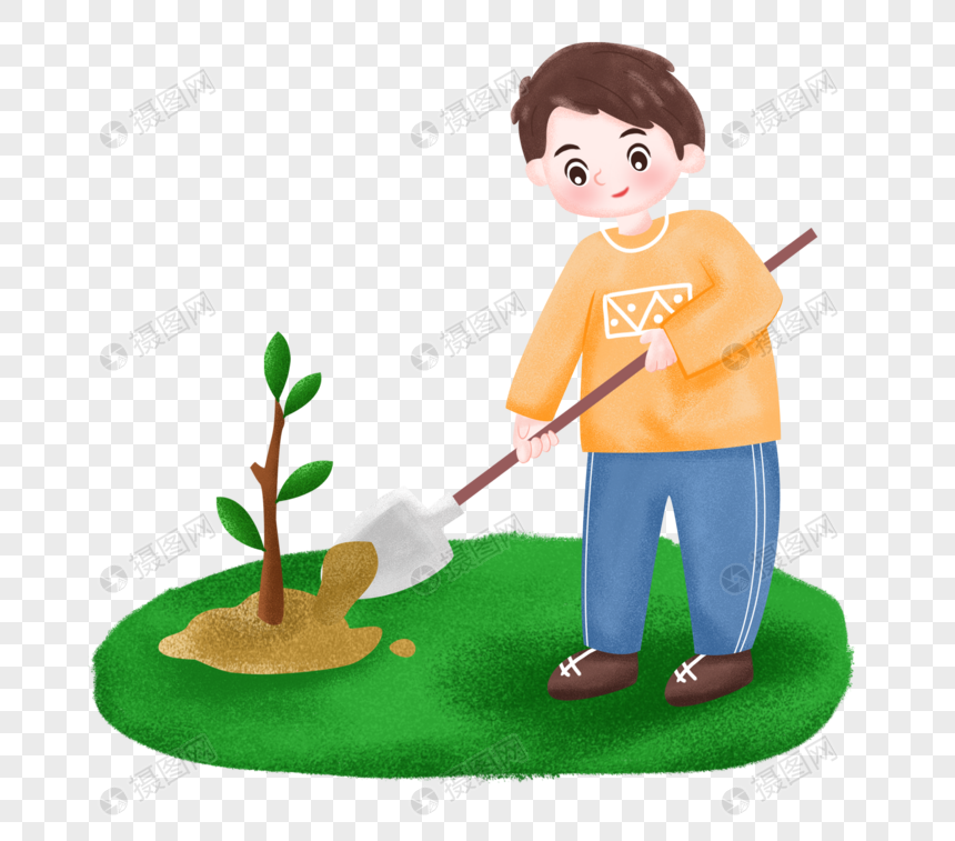 卡通种树的男孩子