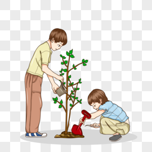 植树节陪弟弟种树的哥哥高清图片