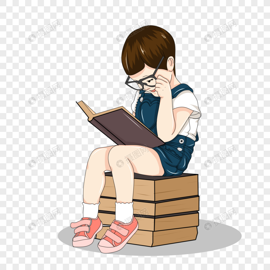坐在书上读书的孩子图片