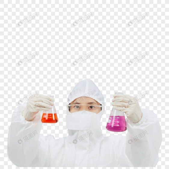 穿防护服查看试剂瓶的科研人员图片