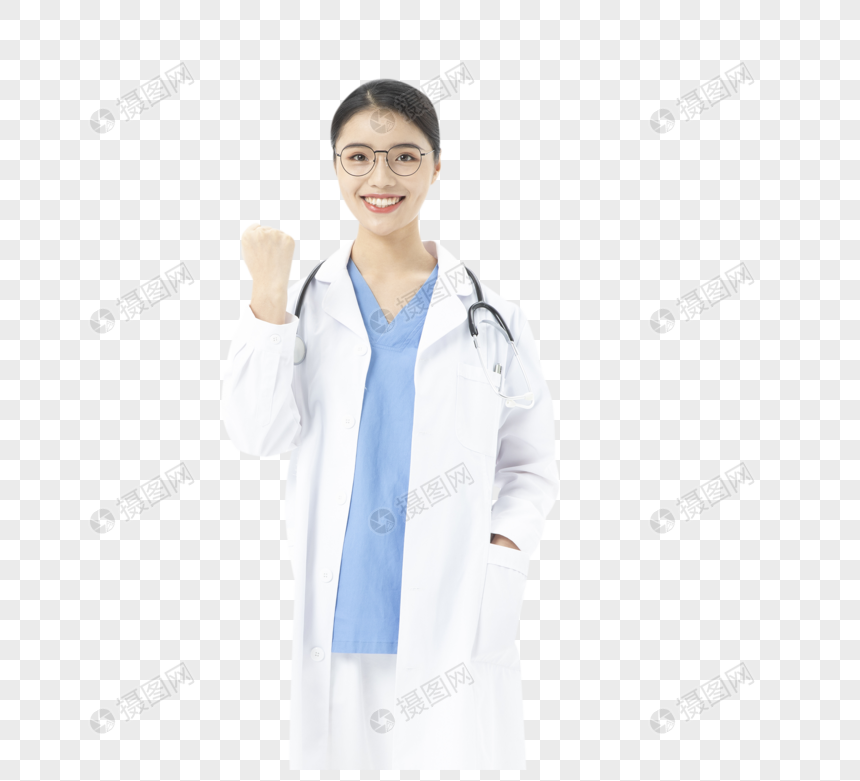 青年女性医生戴着听诊器加油图片