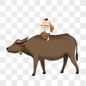 骑在水牛上吹笛的牧童图片