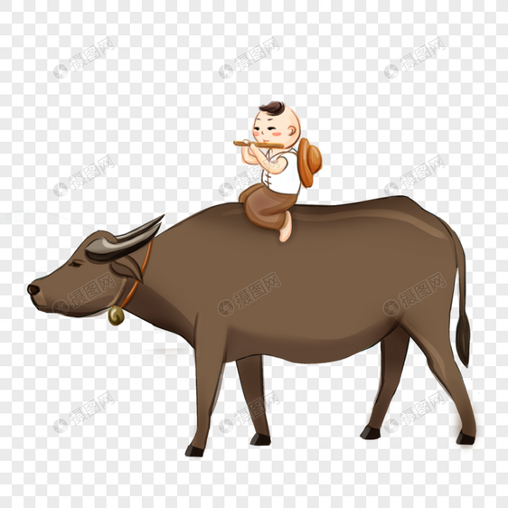 骑在水牛上吹笛的牧童图片