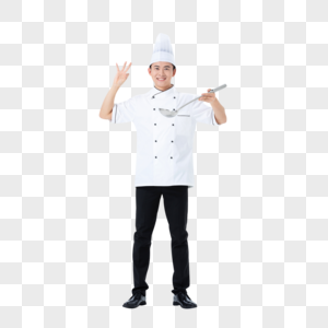 男厨师拿着汤勺品尝菜品ok手势高清图片