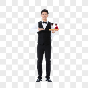 递送红酒和玫瑰花的服务员形象图片
