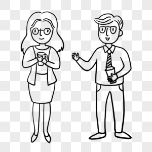 太阳在手线在喝咖啡聊天的上班族简笔画素材