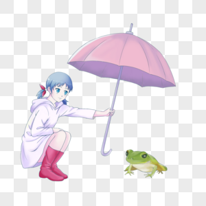 帮青蛙打伞的女孩雨季高清图片素材