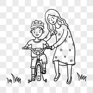 妈妈教儿子骑自行车简笔画高清图片